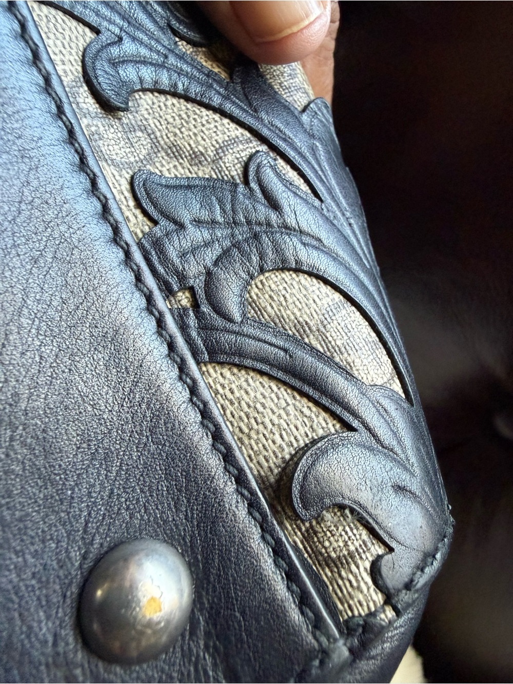 Gucci Preloved Black GG Supreme Arabesque Tooled Floral Leather Accent Satchel - Picture 15 of 17